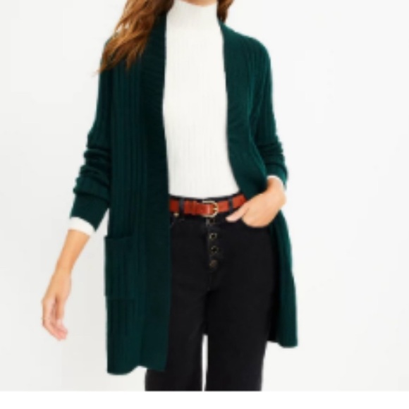 LOFT Ribbed Open Pocket Cardigan - Deep Spruce Green - Size L - Picture 3 of 3